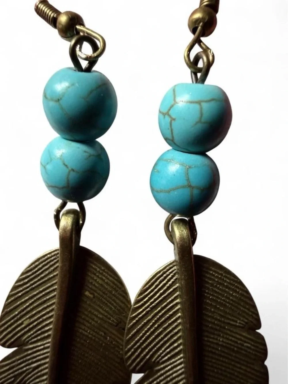 Boutique Handmade Turquoise Feather Boho Statement Earrings - NEW - Picture 4 of 5